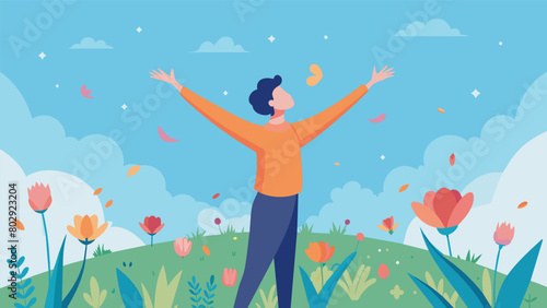 A person standing in a field of wildflowers their arms stretched out and their face lifted towards the sky as they release tension and find inner.