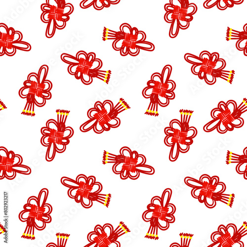 Pattern of red threads is tied into Chinese knots for good luck, symbolizing prosperity. Red threads in knots with golden beads in twist. Materials in the traditional Asian style are used in cultural