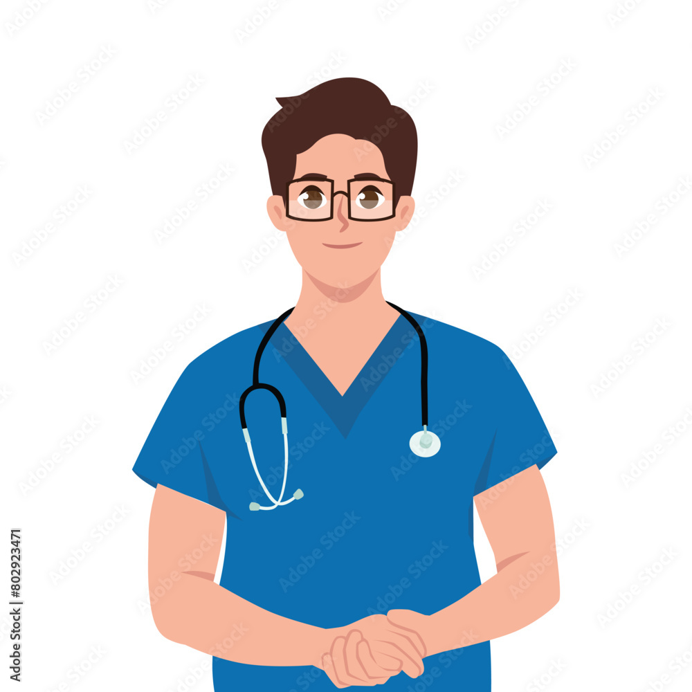 Fototapeta premium Male nurse wearing scrubs. International nurses day. Flat vector illustration isolated on white background