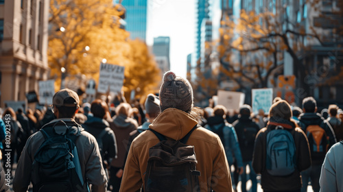 a crowd of protesters in a big city photo