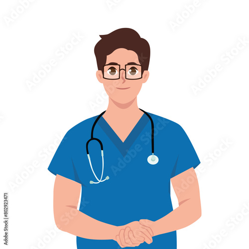 Male nurse wearing scrubs. International nurses day. Flat vector illustration isolated on white background