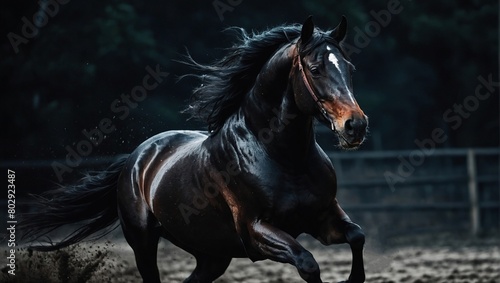 Galloping black horse on dark background 