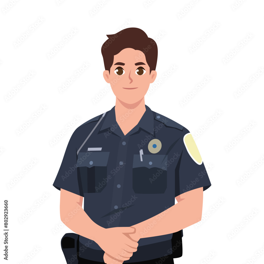 Smiling young police officer dressed in uniform. Flat vector illustration isolated on white background Smiling young police officer dressed in uniform. Flat vector illustration isolated on white background