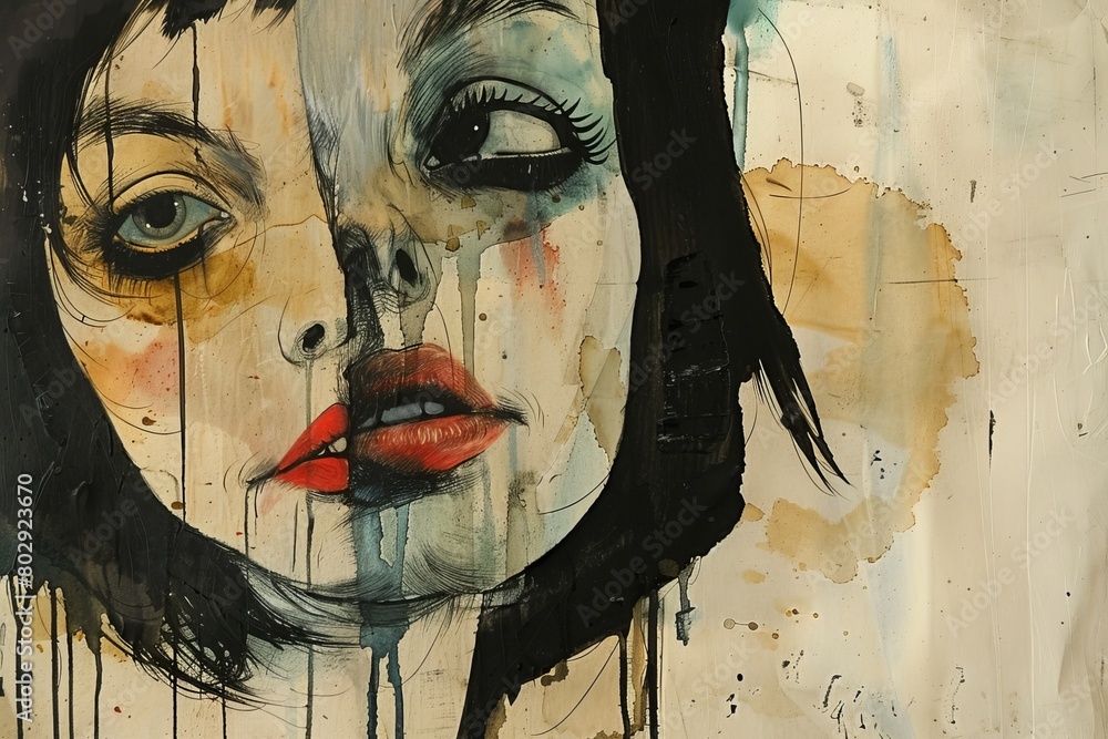 A watercolor painting of a woman's face with black hair and red lips ...