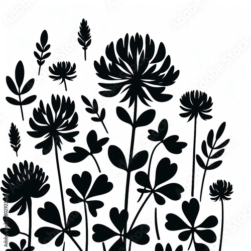 black silhouette of clover, floral pattern,