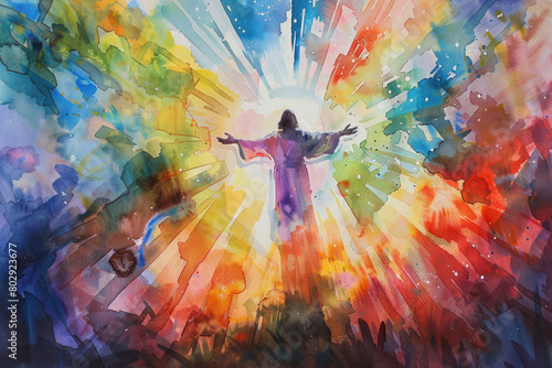 Ascension in Watercolor Masterpiece.  the Ascension of Christ  the ascension of Jesus into heaven  a festival celebrated by Christians.