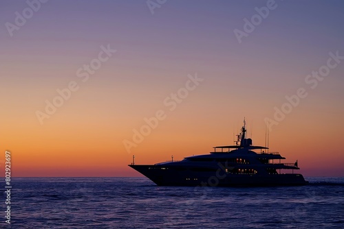 Silhouette of a yacht on the horizon at dusk