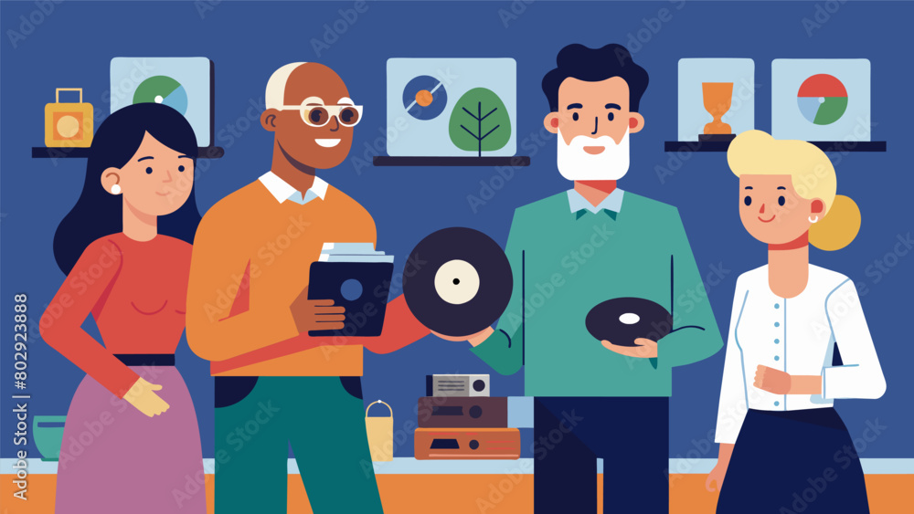 Guests trade stories about the origins of their vinyl finds some boasting about their lucky discoveries at thrift stores while others proudly display. Vector illustration Guests trade stories about the origins of their vinyl finds some boasting about their lucky discoveries at thrift stores while others proudly display. Vector illustration