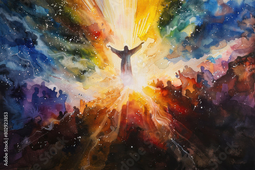 Glorious Ascension Watercolor Painting., the Ascension of Christ, the ascension of Jesus into heaven, a festival celebrated by Christians.