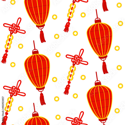 Pattern is a Chinese red paper lantern and threads with knots and gold coins, reminiscent of cultural wealth and a festive atmosphere. A festive festival. Moon Festival. Seamless vector illustration