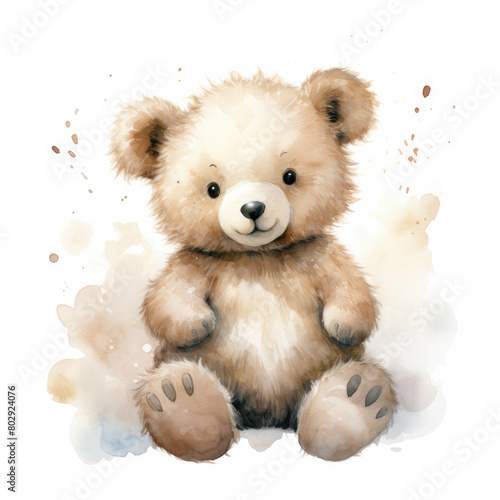 Watercolor illustration of teddy bear. Baby character adorable soft toy bear