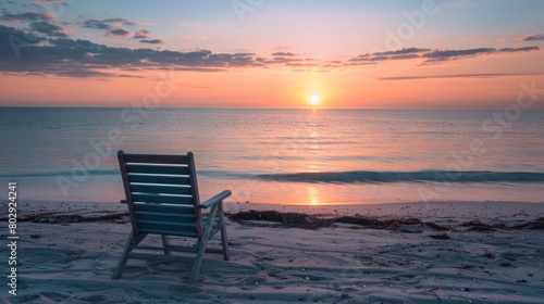 A chair is placed on the beach at dusk, with water reflecting the colorful sky and clouds as the sun sets over the horizon, creating a serene landscape AIG50