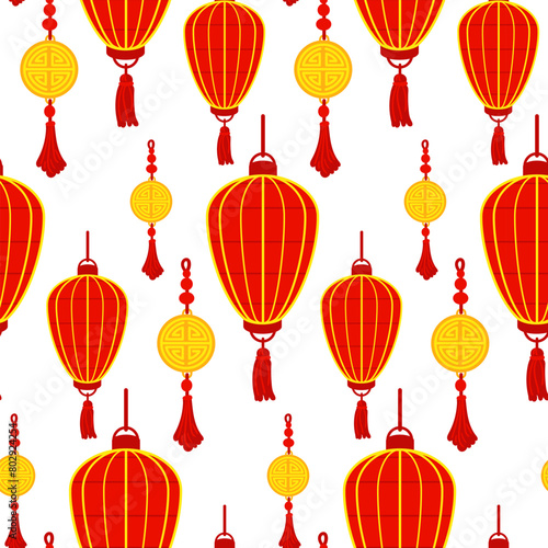Pattern is a Chinese red paper lantern with golden amulets, reminiscent of cultural wealth and a festive atmosphere. A festive festival. An oval lantern. Moon Festival. Vector isolated illustration