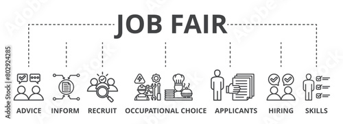 Job fair concept icon illustration contain advice, inform, recruit, occupational choice, applicants, hiring and skills.