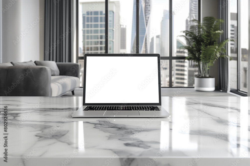 Modern designer desktop with a blank computer screen, and other items. Mockup Modern designer desktop with a blank computer screen, and other items. Mockup