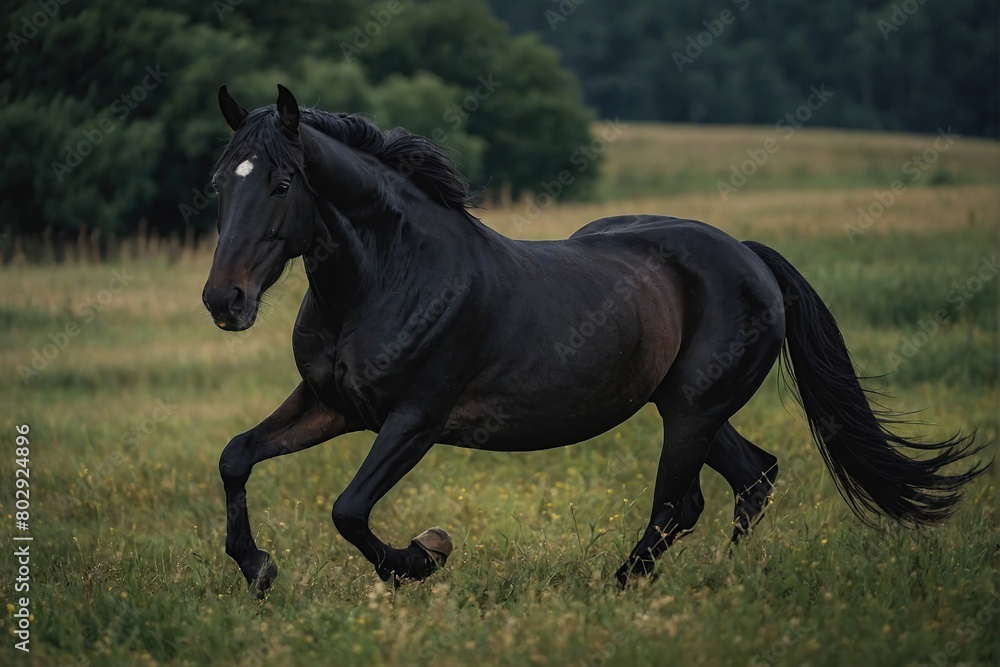 Beautiful black horse playing on the field Beautiful black horse playing on the field