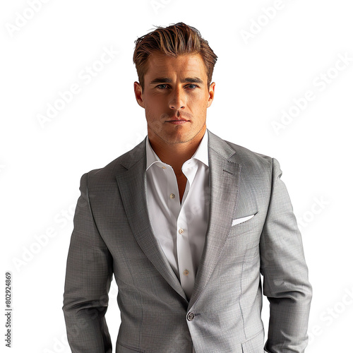 Front view mid shot of a confident Caucasian male model wearing a sleek gray suit jacket and matching trousers, paired with a crisp white shirt, isolated on a white transparent background