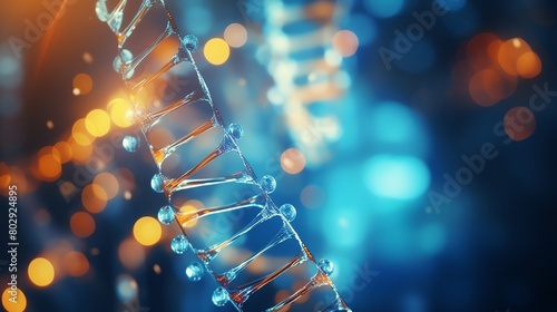 The image shows a glowing blue and orange double helix representing DNA. photo