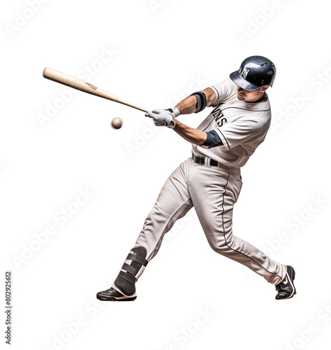 Baseball player in mid-swing with focus and force, sporting a team uniform, helmet, and gloves, isolated on transparent background. Generative AI