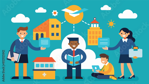 A school has collaborated with local businesses to provide job shadowing opportunities for students with ADHD allowing them to gain handson experience. Vector illustration