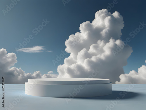 a cloud background podium is set against a blue sky, creating a tranquil and dreamy scene