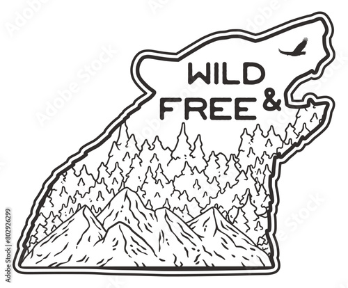 Minimalist line art illustration of a mountainous landscape within a bear silhouette, featuring the phrase, suitable for camping and outdoor adventure themes