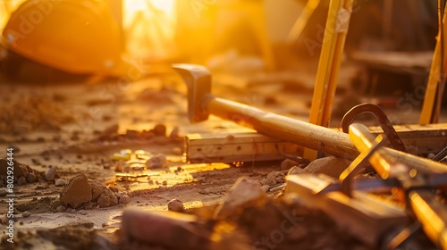 Detailed view of construction tools on site, golden hour light, sharp focus, ground level angle 