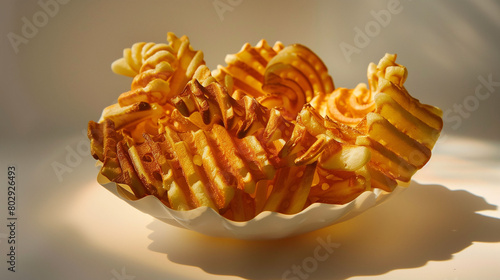 Waffle fries arranged in an artful spiral, casting playful shadows under soft, diffused lighting.