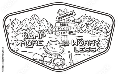 Monochrome line art badge with a motivational message, featuring mountain scenery and camping symbols, ideal for outdoor enthusiasts and nature-inspired designs