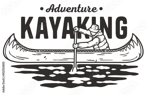 Stylized black and white line art solo adventurer kayaking in a scenic outdoor setting, evoking themes of nature, exploration, and the spirit of wilderness adventure