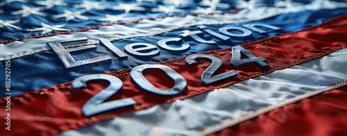 Presidential Election 2024 text on white paper over the American Flag. Politics and voting conceptual. photo