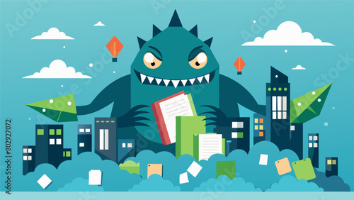 From the depths of the public library a giant creature emerged with a body made of paper mache and a head made of computer screens unleashing a.