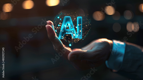 Executive's Hand Displaying AI Hologram: Symbolizing Expansion and Opportunity 