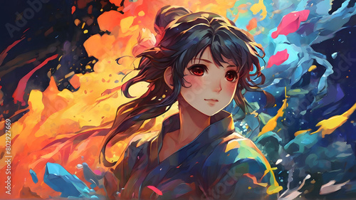 Anime-style Illustration of Young Girl in Colorful Water Splashes. Perfect for  Artistic Designs  Anime Fan Art  Summer-themed Graphics.