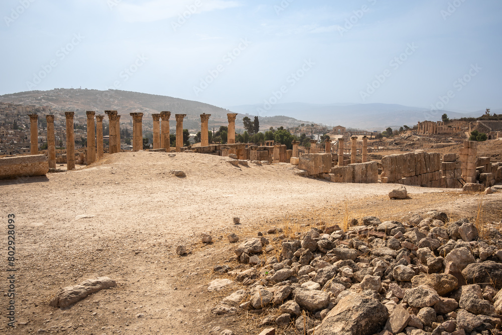 Archeological Site with Ancient Columns in Jerash. Outdoor Scene of Gerasa in Jordan in the Middle East.