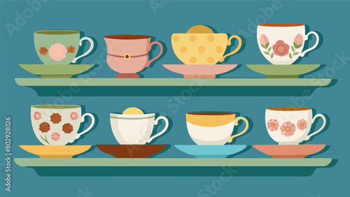 A shelf of antique teacups and saucers tempting tea lovers with their delicate beauty..
