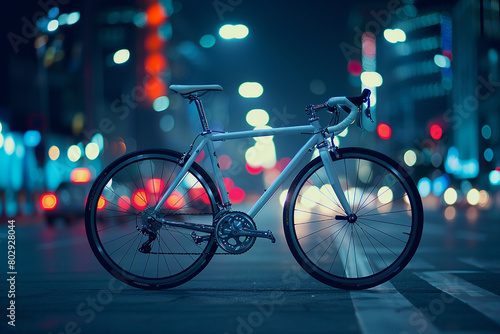 A dynamic shot capturing the sleek lines of a modern racing bicycle against a backdrop of vibrant city lights at night.