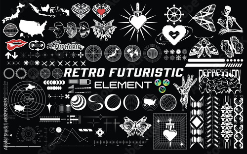 Set of vector graphic asset for streetwear design. Retro futuristic element in Y2K for apparel  clothing and poster design.