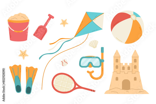 Set of summer beach toys and games. Vector flat isolated illustration