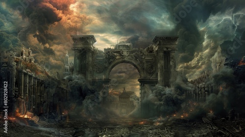 The gates of hell loom large, with Charon in his dark robes, awaiting to transport tormented souls across the Styx, the scene set under a gloomy, cloud-covered sky photo