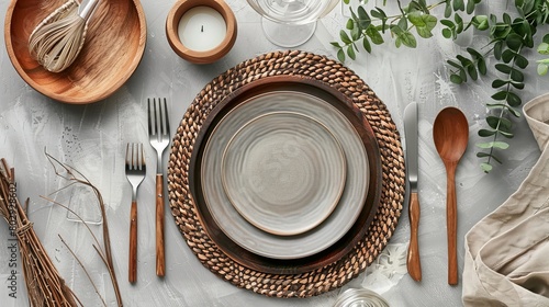 Elegant table setting displayed on a grey background.