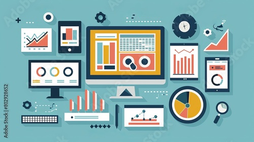 Flat vector illustration depicting web analytics information and website statistic development.