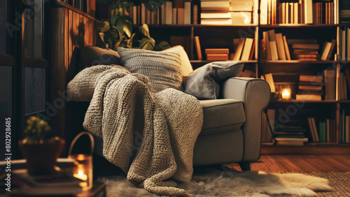 An armchair draped with a textured knit throw invites relaxation in a scholarly nook surrounded by towering bookshelves and the gentle light of candles. Cozy home interior design