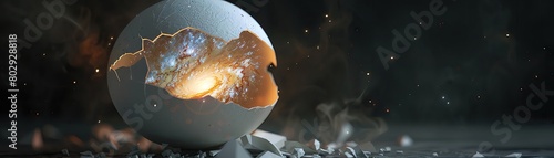Cosmic Potential An eggshell breaks to reveal a galaxy inside, emphasizing the extraordinary waiting to be discovered in common things, detailed closeup with space photo