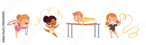 Little Boy and Girl Doing Gymnastics Vector Set