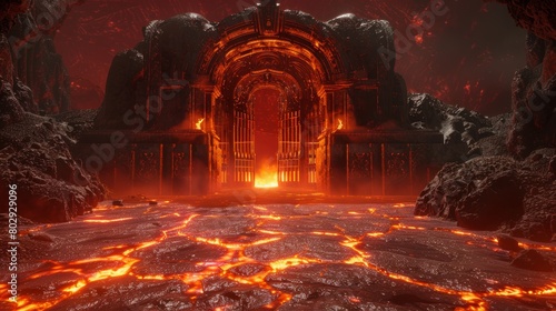 The entrance to the underworld, featuring gates that loom over a seething lava floor, its texture reminiscent of a volatile volcanic surface