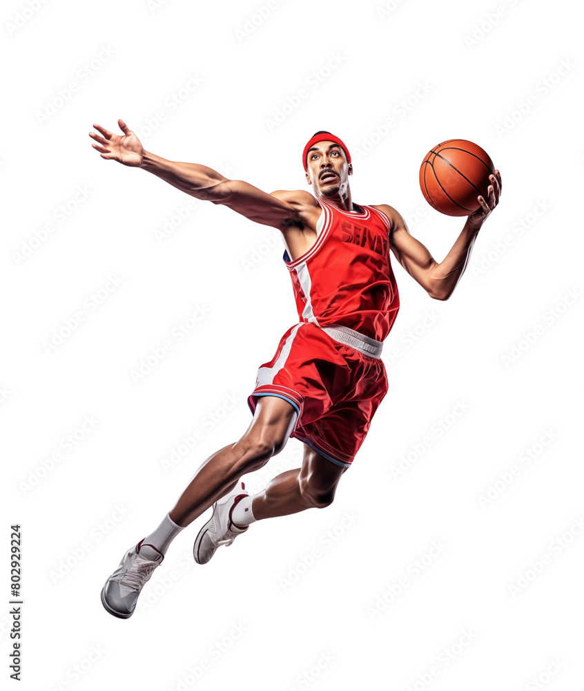 Dynamic basketball player in mid-dribble, captured in a moment of focused athleticism against a transparent background. Generative AI