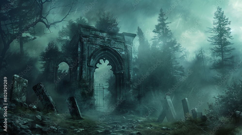 The eerie gates of hell, flanked by dungeon stones and overlooked by the foreboding silhouettes of forest trees, enveloped in darkness and mist