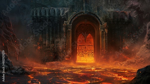 The entrance to the underworld, featuring gates that loom over a seething lava floor, its texture reminiscent of a volatile volcanic surface photo
