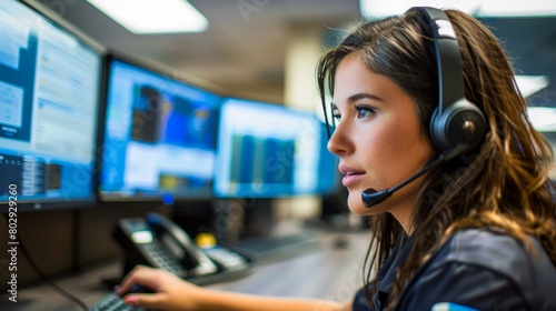 Smiling Female Operator Managing Calls in a Busy Center